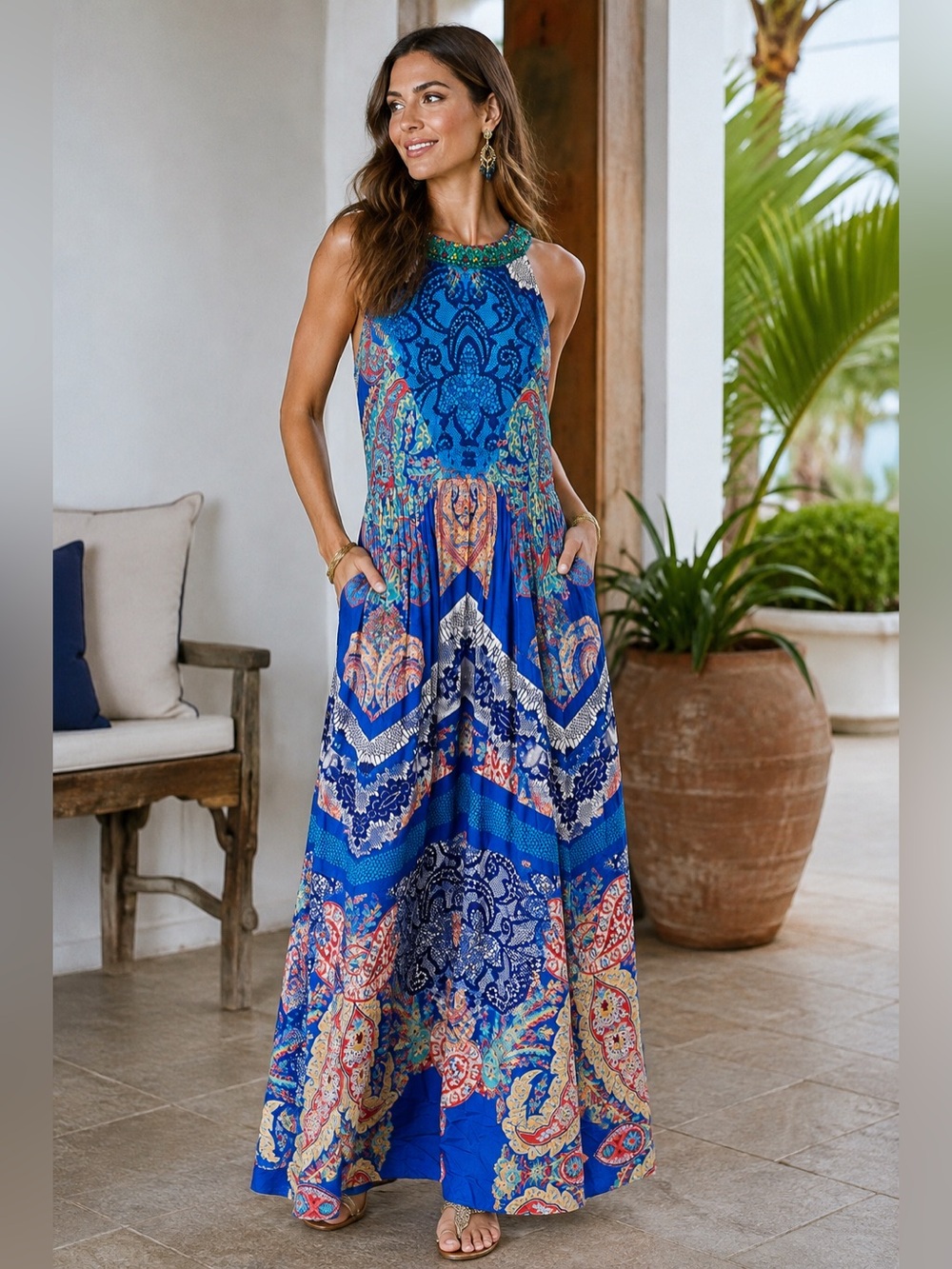 Ranna Gill Anthropologie Boteh Jewel Beaded Paisley Halter Maxi Dress 00P